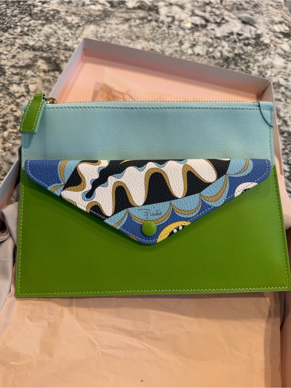 Emilio Pucci Leather Cosmetic Case Clutch Pouch Blue Green Print